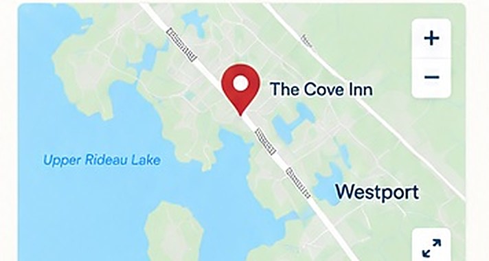 Map showing The Cove Inn in Westport, beside Upper Rideau Lake
