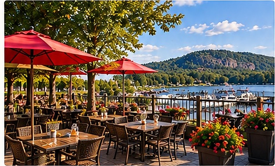 The Cove Inn waterfront patio with red umbrellas, overlooking the harbour and Foley Mountain