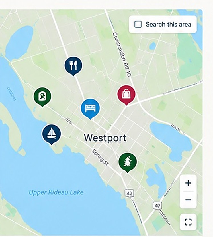 Map of Westport with business pins around Upper Rideau Lake