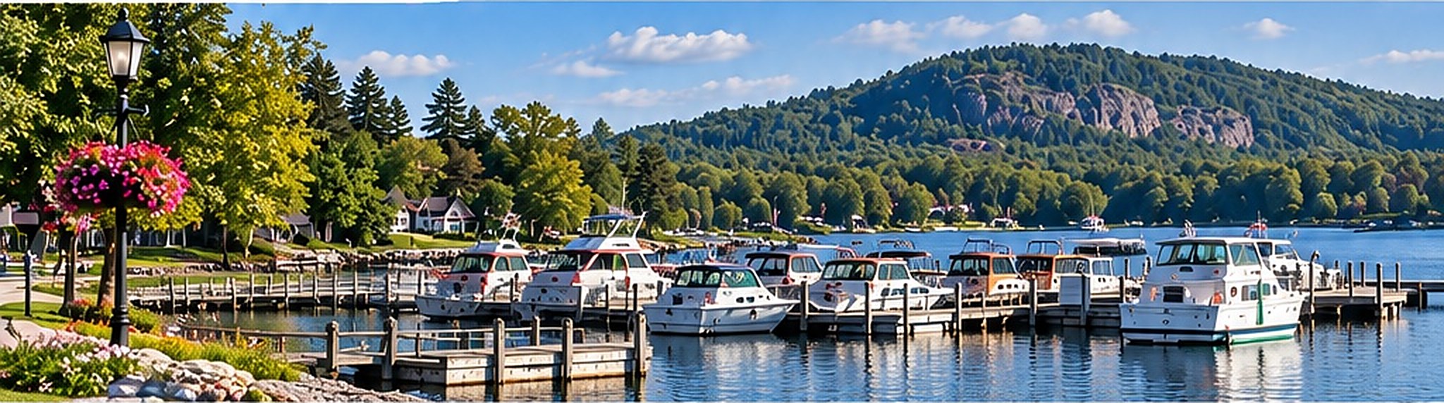 Westport harbour and marina on Upper Rideau Lake, with Foley Mountain behind